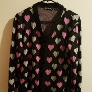 Black cardigan with pink and grey hearts
